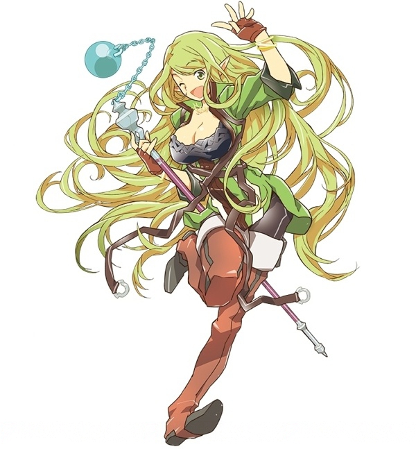 1girl boots breasts brown_gloves cleavage eyebrows_visible_through_hair fingerless_gloves floating_hair full_body gloves green_eyes green_hair hara_kazuhiro holding holding_staff large_breasts log_horizon long_hair marielle_(log_horizon) official_art one_eye_closed one_leg_raised open_mouth pointy_ears simple_background solo staf staff standing thigh-highs thigh_boots very_long_hair white_background