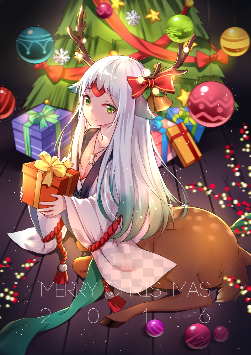 1boy 2016 antlers bell bow box centauroid christmas_lights christmas_ornaments christmas_tree collarbone gift green_eyes holding holding_box holly indoors jewelry ju_topia kojikadan looking_at_viewer merry_christmas monster_boy necklace onmyoji ornament red_bow sitting snowflakes solo star twitter_username white_hair wide_sleeves