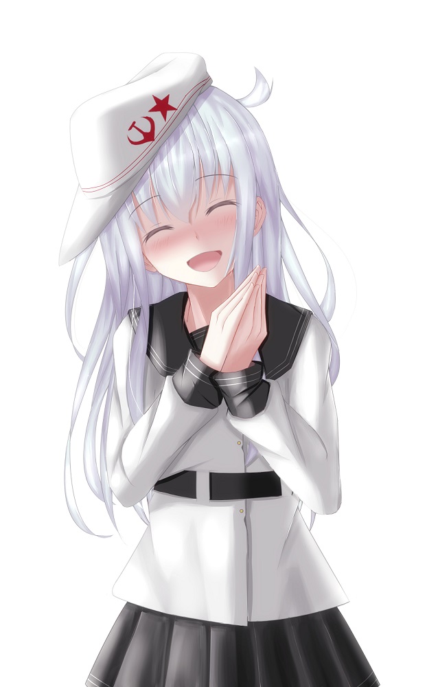 1girl :d ^_^ ahoge anchor_symbol bangs black_skirt blush closed_eyes cowboy_shot flat_cap hands_together hat head_tilt hibiki_(kantai_collection) kantai_collection long_hair long_sleeves looking_at_viewer nose_blush open_mouth pleated_skirt remodel_(kantai_collection) risokaaso_(tommy9551) school_uniform serafuku silver_hair skirt smile solo star verniy_(kantai_collection) white_background