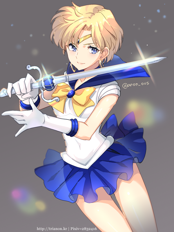 1girl bishoujo_senshi_sailor_moon blonde_hair blue_bow blue_eyes blue_skirt bow brooch closed_mouth cowboy_shot earrings gloves grey_background holding holding_sword holding_weapon hoop_earrings jewelry magical_girl pleated_skirt sailor_collar sailor_uranus short_hair skirt smile solo space_sword sword ten'ou_haruka tiara trianon twitter_username watermark weapon web_address white_gloves yellow_bow
