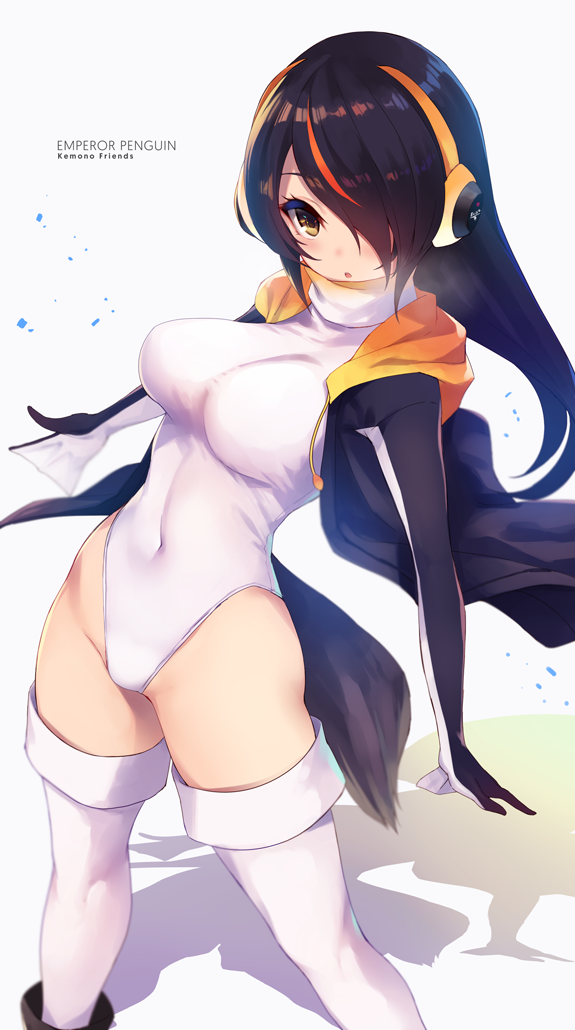 1girl :o arched_back bird_tail black_boots black_jacket blush boots breasts breath brown_eyes character_name copyright_request covered_navel drawstring emperor_penguin_(kemono_friends) fukai_ryousuke groin hair_over_one_eye headphones jacket kemono_friends knee_boots large_breasts legs_apart leotard long_hair looking_at_viewer multicolored_hair open_clothes open_jacket open_mouth purple_hair redhead shadow skin_tight solo spread_fingers standing streaked_hair tail thighs white_legwear white_leotard