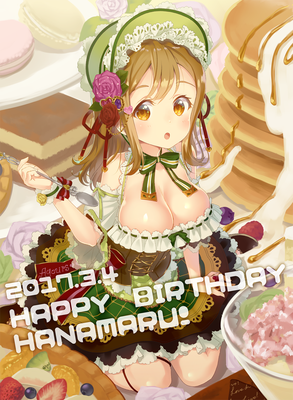 1girl 2017 :o bangs blueberry bodice bonnet bow breasts brown_eyes brown_hair cake character_name chin_strap cleavage commentary_request cross-laced_clothes dated detached_sleeves dress flower food frilled_skirt frills fruit full_body hair_flower hair_ornament happy_birthday highres holding holding_spoon kiwi_slice kunikida_hanamaru lace large_breasts layered_skirt long_hair looking_at_viewer love_live! love_live!_sunshine!! macaron neck_ribbon orange orange_slice pancake pink_rose red_rose ribbon ribbon_trim rose sitting skirt solo strawberry striped striped_bow sweets tomiwo wariza wrist_cuffs