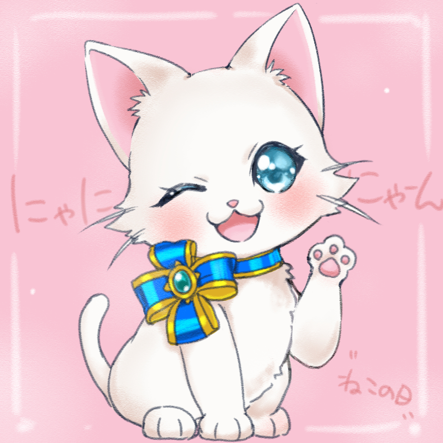 blue_eyes blush bow cat catbell looking_at_viewer no_humans one_eye_closed pink_background smile solo
