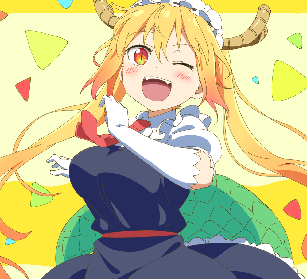 1girl ;d black_dress blonde_hair blush breasts dragon_girl dragon_horns dragon_tail dress elbow_gloves fangs frills gloves hair_between_eyes horns kobayashi-san_chi_no_maidragon looking_at_viewer maid maid_headdress necktie one_eye_closed open_mouth orange_eyes puffy_short_sleeves puffy_sleeves red_necktie scales short_sleeves slit_pupils smile solo tail tomato_(lsj44867) tooru_(maidragon) twintails white_gloves yellow_background