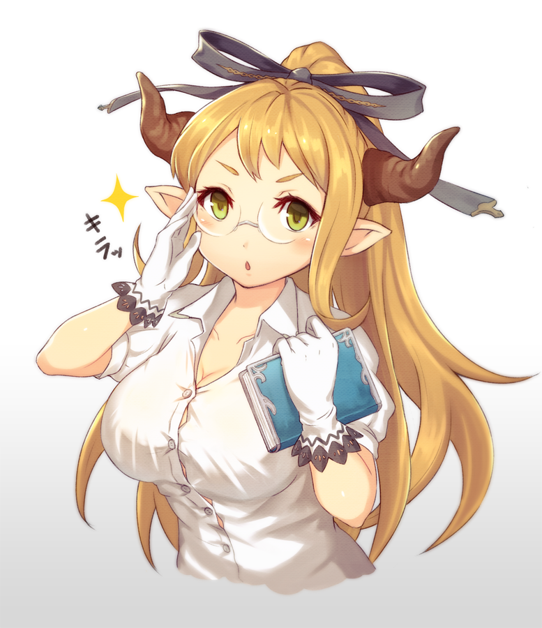 &gt;:o 1girl :o adjusting_glasses blonde_hair blue_ribbon blush book breasts chestnut_mouth cleavage collarbone collared_shirt dress_shirt eyebrows glasses gloves gradient gradient_background granblue_fantasy green_eyes grey_ribbon hair_ribbon holding holding_book horns juliet_sleeves large_breasts long_hair looking_at_viewer medium_breasts open_mouth pointy_ears ponytail ribbon rimless_glasses saaya_(granblue_fantasy) salute shirt short_eyebrows short_sleeves solo sparkle tareme tgh326 upper_body white_gloves white_shirt wing_collar