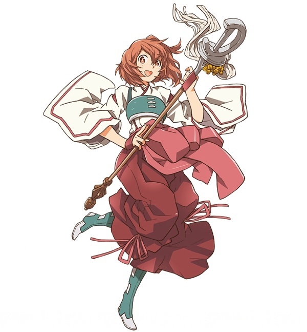 1girl brown_eyes brown_hair eyebrows_visible_through_hair hakama hara_kazuhiro holding japanese_clothes kimono log_horizon miko minori_(log_horizon) official_art one_leg_raised open_mouth pink_ribbon red_hakama ribbon short_hair simple_background solo staff standing white_background