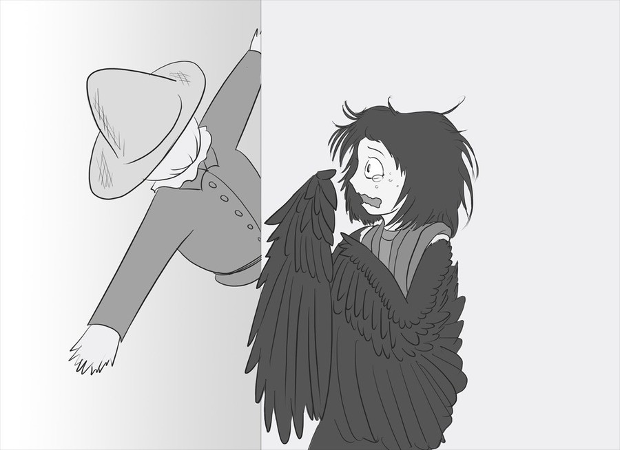 1girl bird crow crying feathers messy_hair monochrome monster_girl original scarecrow scared wall wings