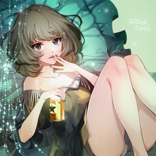 1girl ahoge alcohol bare_legs bare_shoulders beer beer_can blue_eyes breasts brown_hair can cleavage collarbone english fingers_to_mouth fringe garam green_eyes heterochromia holding holding_can idolmaster idolmaster_cinderella_girls looking_at_viewer lounging mole mole_under_eye nail_polish off_shoulder open_mouth pillow short_hair short_shorts shorts solo sparkle takagaki_kaede text thighs