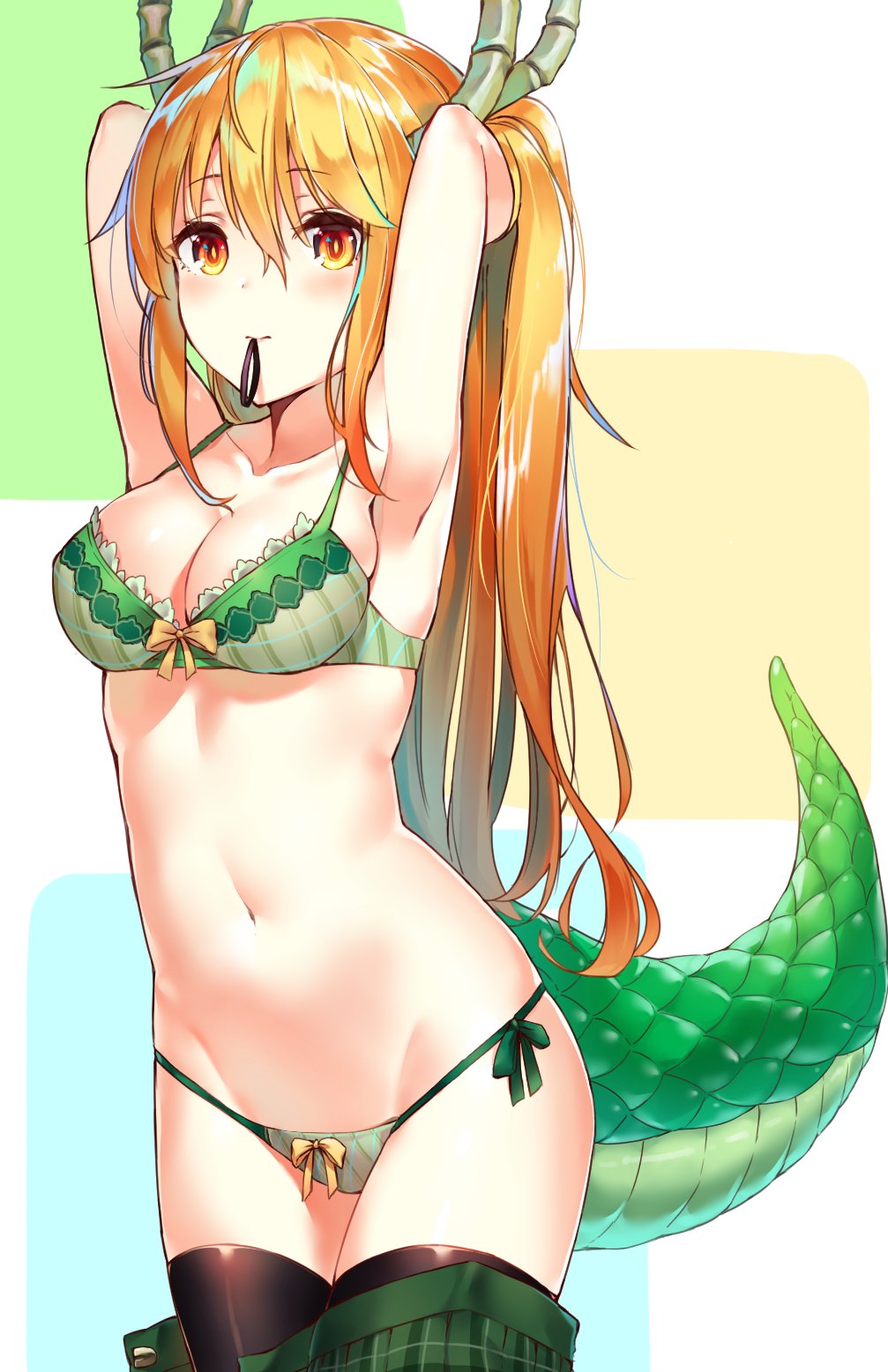 1girl adjusting_hair armpits arms_behind_head arms_up bangs bare_shoulders blonde_hair blush bow bow_bra bow_panties bra breasts brown_legwear cleavage closed_mouth collarbone cowboy_shot dragon_girl dragon_horns dragon_tail eyebrows_visible_through_hair gradient gradient_eyes gradient_hair green_bra green_panties green_skirt groin hair_between_eyes hands_in_hair highres horns kaerunoko kobayashi-san_chi_no_maidragon lace lace-trimmed_bra lace_trim large_breasts legs_together long_hair looking_at_viewer medium_breasts midriff miniskirt mouth_hold multicolored multicolored_eyes multicolored_hair navel orange_eyes orange_hair panties pleated_skirt scales side-tie_panties sidelocks skirt skirt_down solo stomach string_panties tail tooru_(maidragon) twintails tying_hair underwear very_long_hair yellow_bow yellow_eyes