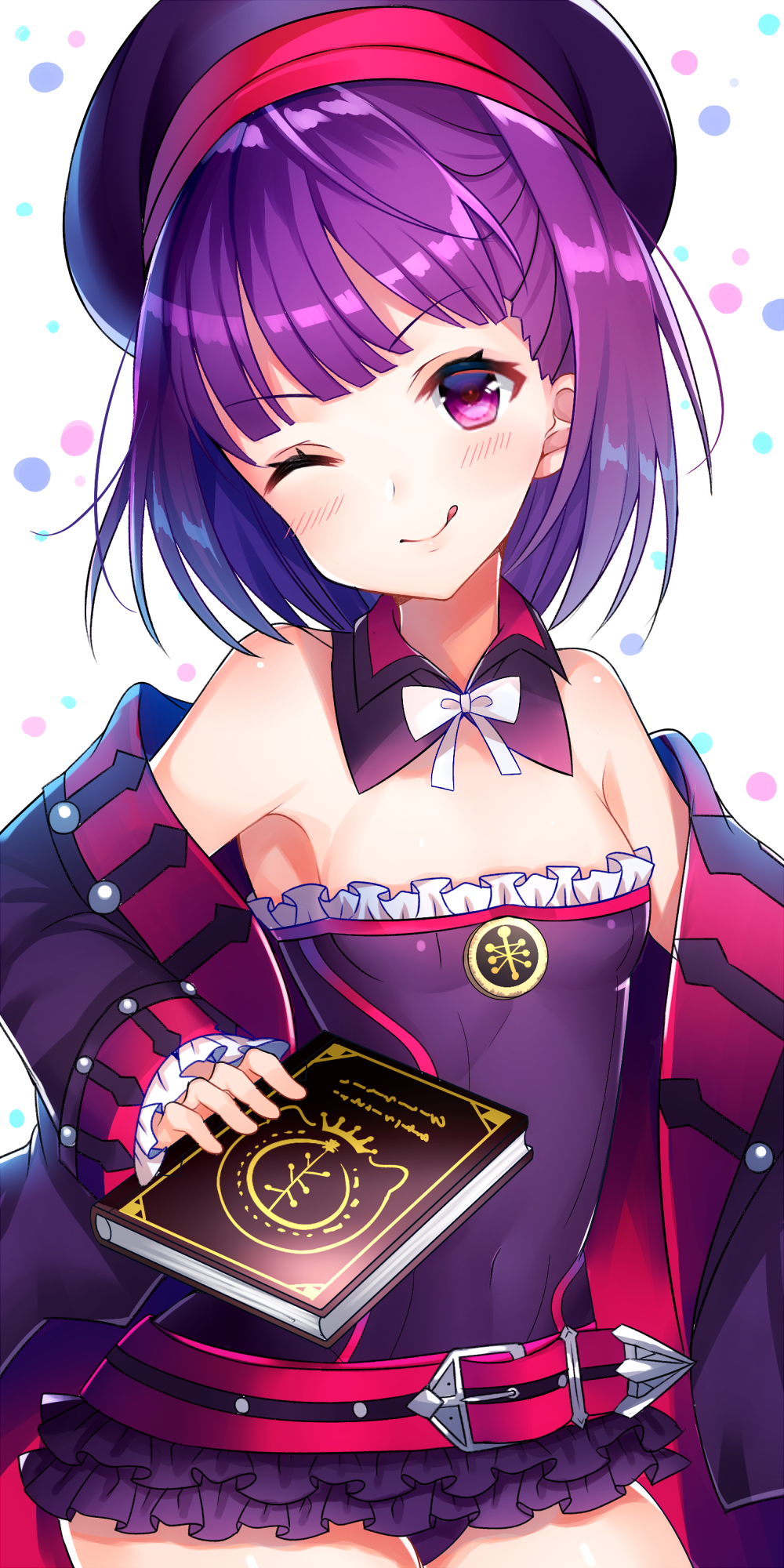 1girl ;q bare_shoulders blush book breasts fate/grand_order fate_(series) hat helena_blavatsky_(fate/grand_order) highres looking_at_viewer nan_(jyomyon) one_eye_closed purple_hair short_hair small_breasts smile solo strapless tongue tongue_out tree_of_life violet_eyes