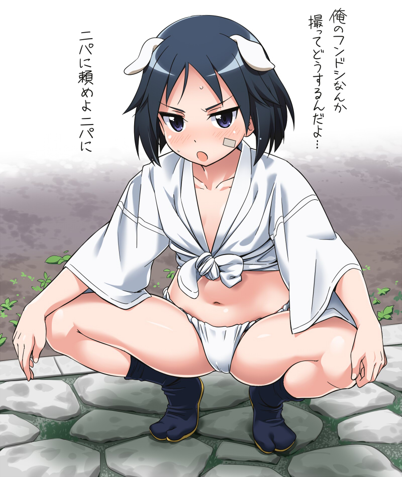 1girl animal_ears bandaid bandaid_on_face black_eyes black_hair black_legwear blush brave_witches dog_ears fundoshi japanese_clothes kanno_naoe looking_at_viewer navel open_mouth short_hair solo squatting tabi translation_request world_witches_series youkan