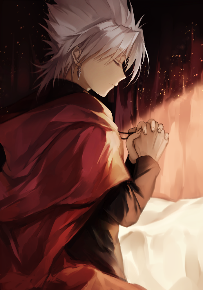 1boy bad_id bad_twitter_id cape closed_eyes closed_mouth commentary_request dark_skin dark_skinned_male earrings fate/apocrypha fate_(series) hands_clasped jewelry kotomine_shirou light_particles long_sleeves necklace praying profile red_cape solo spiky_hair sunlight white_hair wowishi