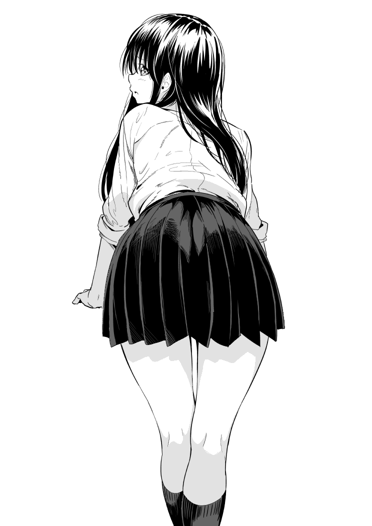 1girl ass attsun_(atsushi_jb) bare_legs earrings from_behind jewelry long_hair looking_back monochrome open_mouth original pleated_skirt school_uniform shirt skirt sleeves_rolled_up socks white_background