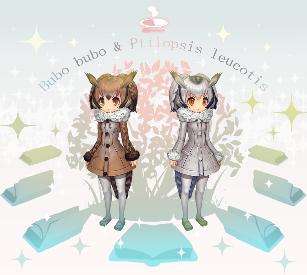 2girls book brown_eyes brown_hair coat commentary_request curry curry_rice eurasian_eagle_owl_(kemono_friends) food fur_collar gradient_hair grey_legwear head_wings kemono_friends latin multicolored_hair multiple_girls northern_white-faced_owl_(kemono_friends) orange_eyes pantyhose plate rice short_hair silver_hair spoon tail tosato translation_request winter_clothes winter_coat