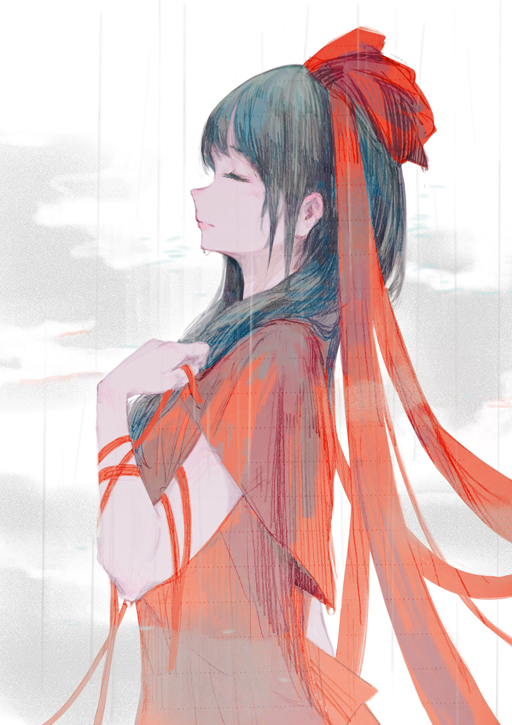 1girl alternate_hair_color aqua_hair arm_ribbon closed_eyes closed_mouth commentary_request dress expressionless eyelashes hair_ribbon highres hinamatsuri jq kagiyama_hina long_hair profile rain red_dress red_ribbon ribbon short_sleeves sketch solo touhou transparent wet wet_clothes wet_hair