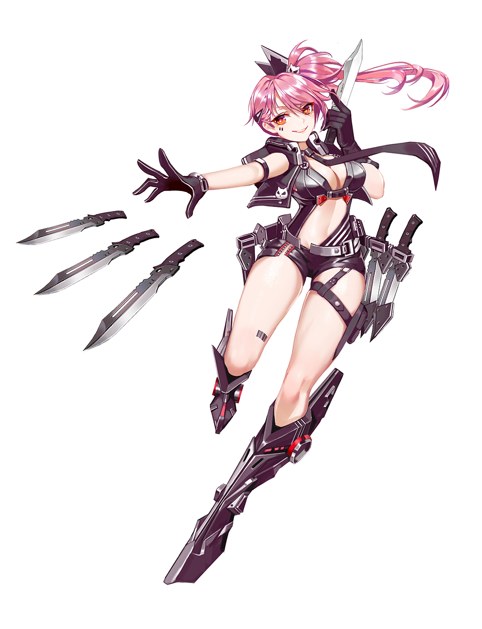 1girl barcode_tattoo black_gloves breasts cleavage cropped_jacket facial_mark floating_hair full_body gloves greaves hair_ornament highres holding holding_knife knife looking_at_viewer medium_breasts midriff navel orange_eyes original parted_lips pink_hair short_shorts shorts side_ponytail skull_hair_ornament smile solo tattoo throwing_knife white_background zjsstc