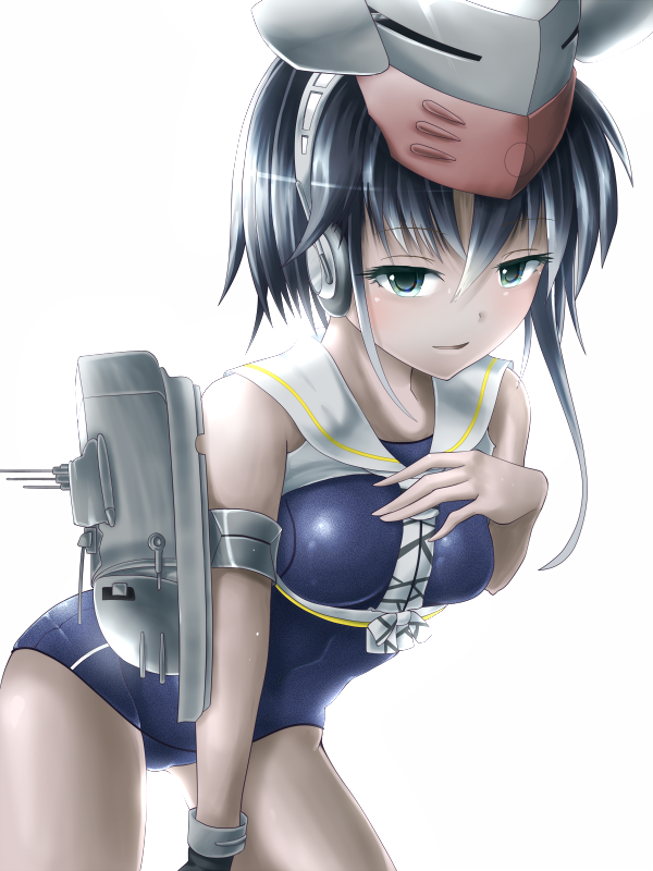1girl 7ban asymmetrical_hair black_eyes black_hair gloves hair_between_eyes hand_on_own_chest headphones i-13_(kantai_collection) kantai_collection leaning_forward looking_at_viewer partly_fingerless_gloves sailor_collar school_swimsuit short_hair single_glove solo swimsuit white_background