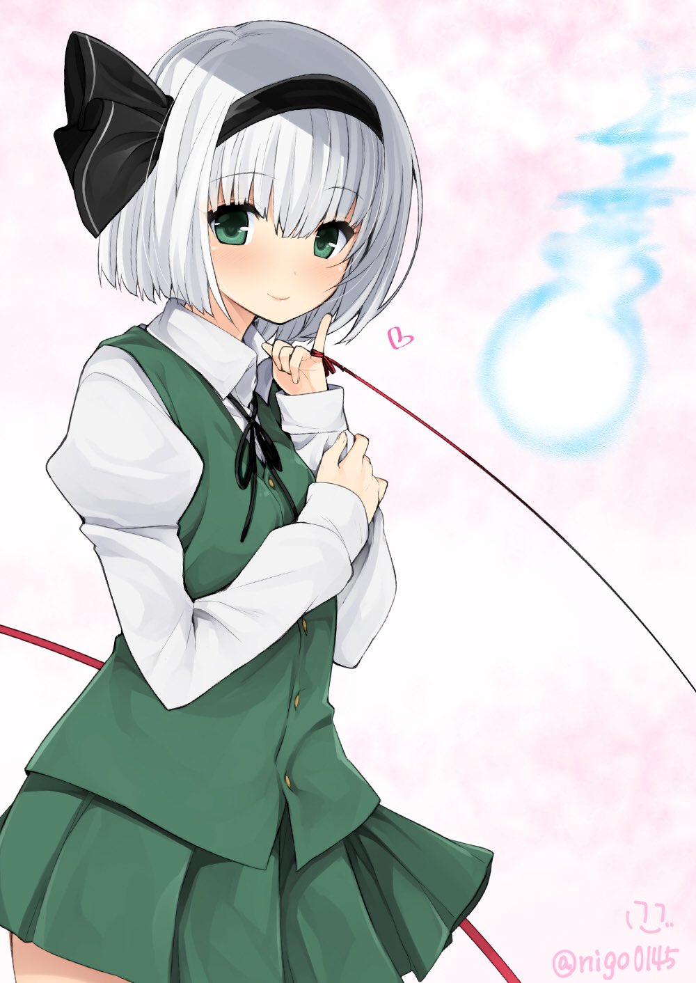 1girl artist_name bangs black_hairband black_ribbon blunt_bangs blush buttons closed_mouth collared_shirt cowboy_shot eyebrows_visible_through_hair floating ghost gradient gradient_background green_eyes green_skirt green_vest hairband heart heart-shaped_pupils highres hitodama juliet_sleeves konpaku_youmu konpaku_youmu_(ghost) long_sleeves looking_at_viewer miniskirt nigo_(aozoragarou) pinky_out pleated_skirt puffy_sleeves red_ribbon red_string ribbon shirt short_hair silver_hair skirt smile solo string symbol-shaped_pupils tareme touhou twitter_username vest white_shirt wing_collar