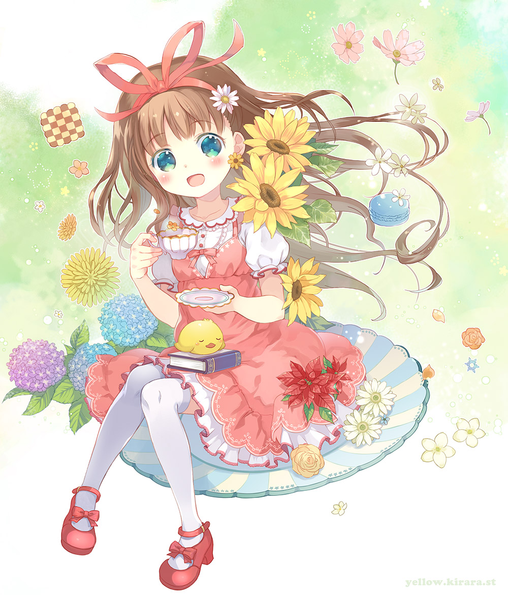 1girl aqua_eyes bird blush book brown_hair chick cookie cup dress flower food hair_ribbon hairband hydrangea long_hair mary_janes original poinsettia puffy_sleeves ribbon rose saucer shoes short_sleeves sitting solo sunflower takeda_mika teacup thigh-highs
