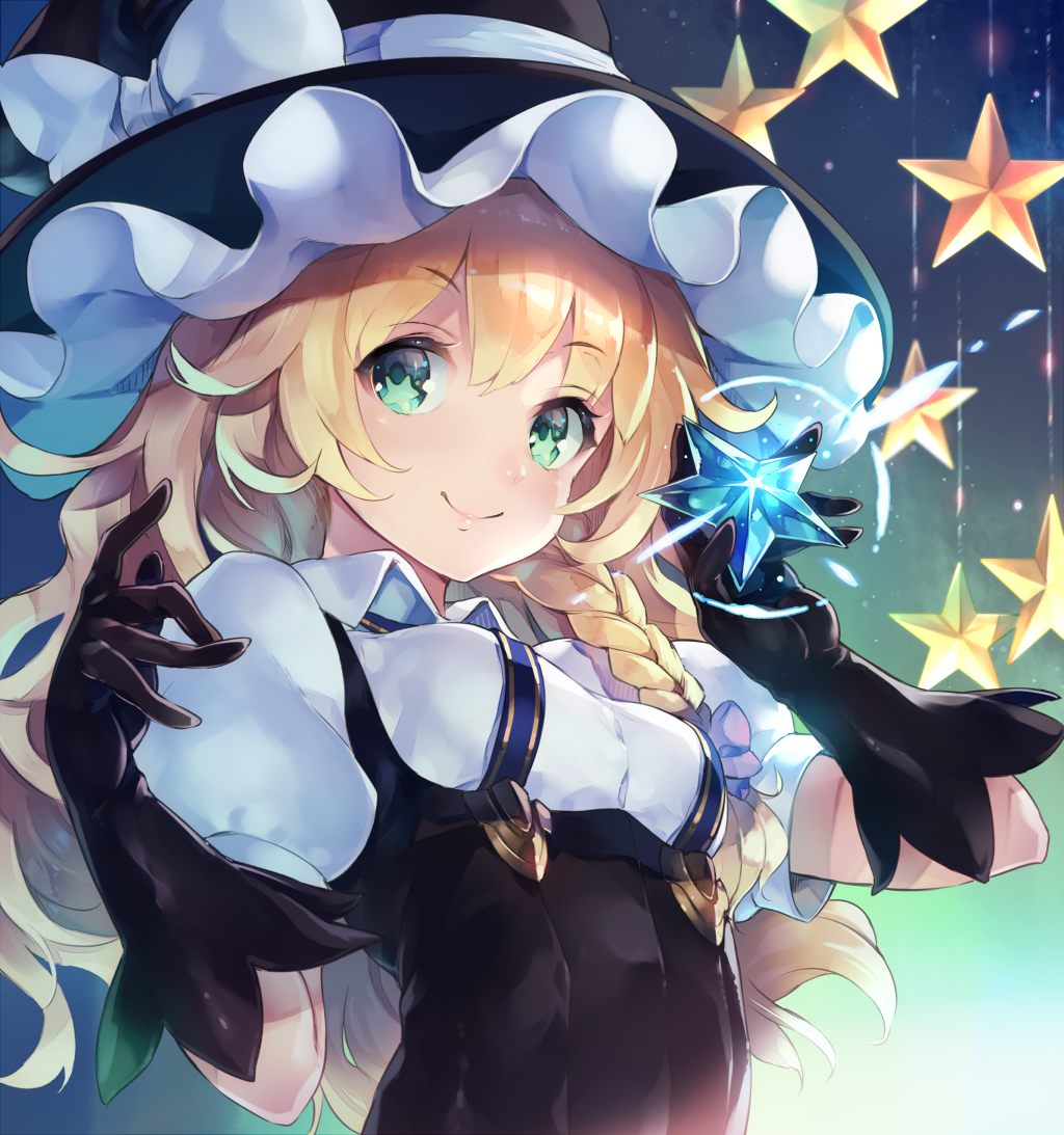 &gt;:) +_+ 1girl black_gloves blonde_hair braid deecha gloves green_eyes hat hat_ribbon holding kirisame_marisa long_hair looking_at_viewer ribbon solo star touhou upper_body wavy_hair witch_hat