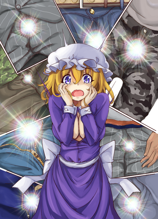 1girl asanari blonde_hair blue_eyes breasts cleavage cowboy_shot dress hair_between_eyes hands_on_own_cheeks hands_on_own_face hat large_breasts long_sleeves maribel_hearn mob_cap open_mouth purple_dress sash short_hair tears touhou unzipped wardrobe_malfunction