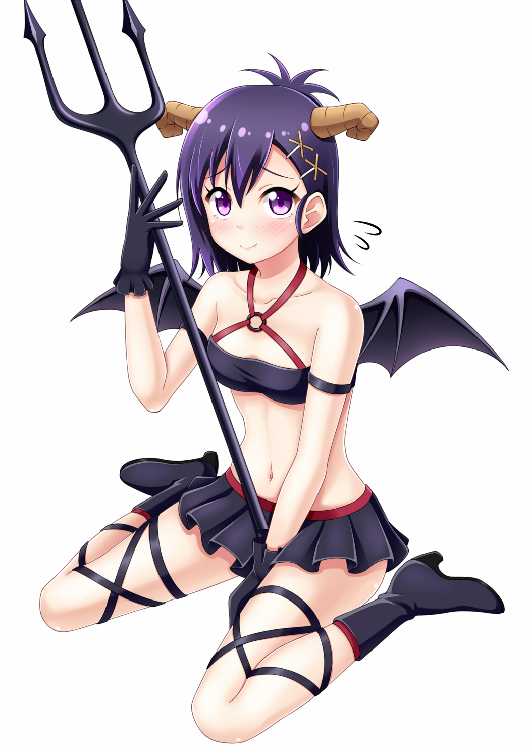 1girl 7nanappe bat_wings black_eyes black_hair demon_girl demon_horns demon_tail demon_wings gabriel_dropout hair_ornament hairpin highres holding horns looking_at_viewer navel pleated_skirt polearm simple_background skirt solo tail trident tsukinose_vignette_april weapon white_background wings