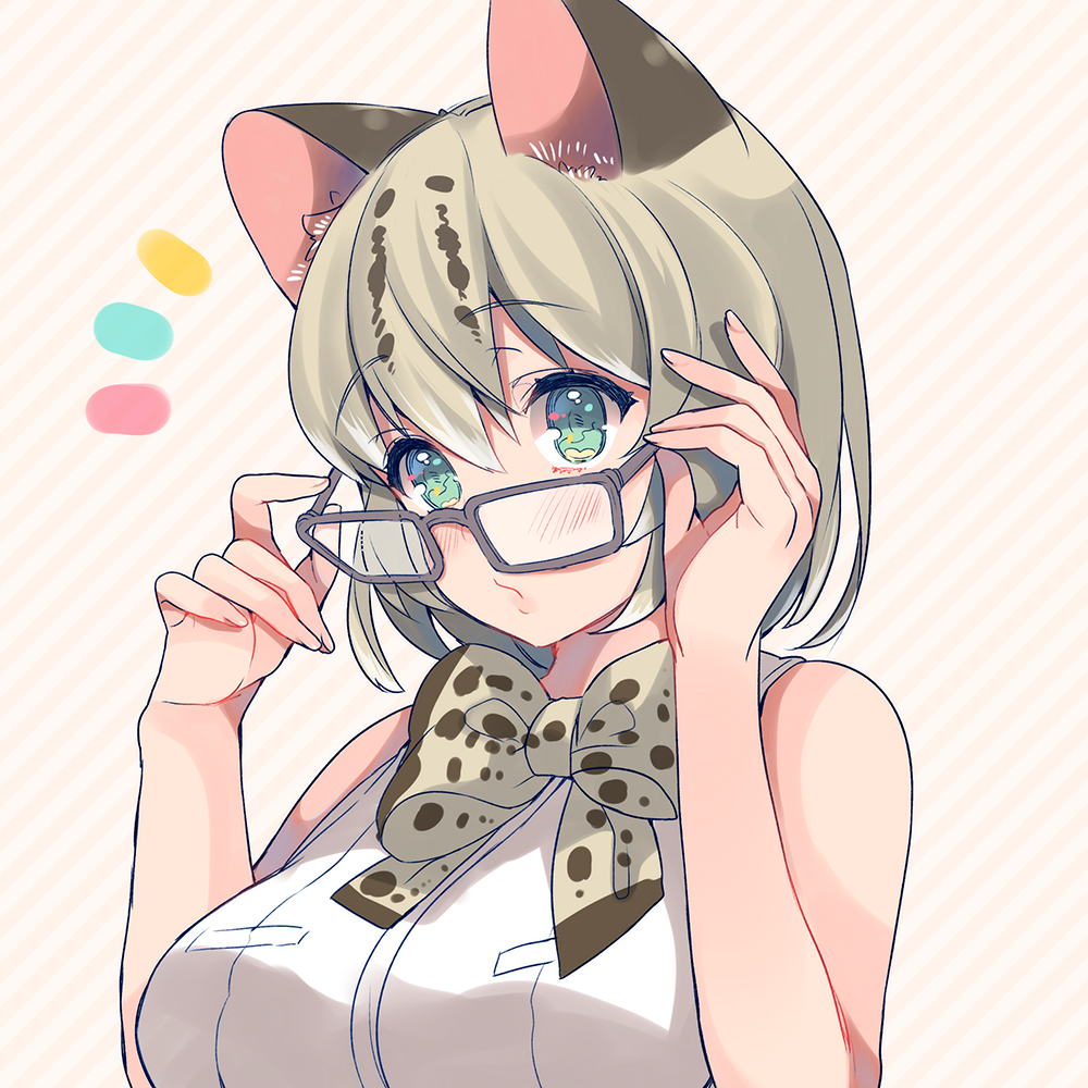 1girl adjusting_glasses alternate_color animal_ears aqua_eyes cat_ears glasses holding kemono_friends looking_at_viewer margay_(kemono_friends) margay_ears margay_print margay_tail senmen_kinuko short_hair silver_hair solo striped striped_background