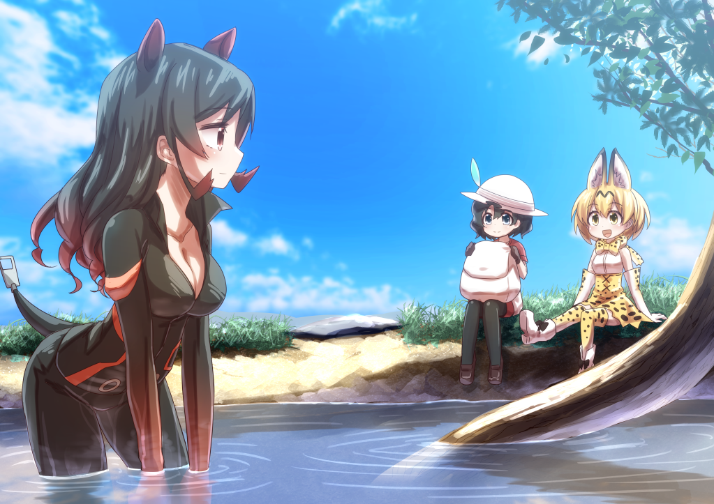 1girl 3girls animal_ears backpack bag black_hair blonde_hair bow cat_ears cat_tail elbow_gloves gloves hat hat_feather hippopotamus_(kemono_friends) kaban kemono_friends mizunashi_(second_run) multiple_girls open_mouth safari_hat serval_(kemono_friends) serval_ears serval_print serval_tail short_hair tail