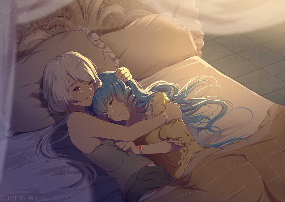 2girls bangs bare_arms bare_shoulders bed bedroom black_shorts blanket blue_hair blush bracelet brown_eyes canopy_bed closed_eyes consoling drill_hair eyebrows_visible_through_hair frilled_pillow frilled_shirt_collar frilled_sleeves frills gem hair_tie hand_on_another's_arm hand_on_another's_head hug indoors jewelry long_sleeves low_ponytail lying multiple_girls nightgown on_bed on_side one_eye_closed original pillow rimuu ruby_(stone) shorts silver_hair sleeveless smile sunlight swept_bangs tank_top tears tile_floor tiles under_covers yuri