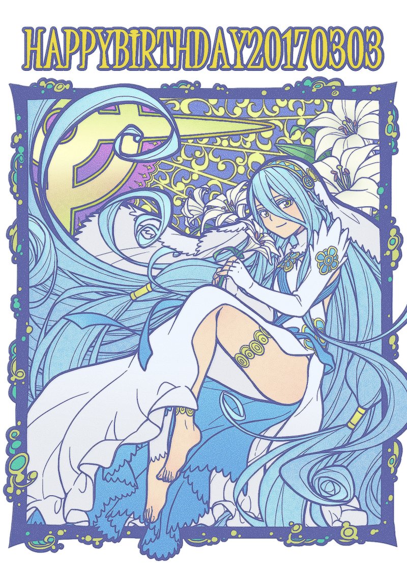 1girl 2017 absurdly_long_hair anklet aqua_(fire_emblem_if) art_nouveau barefoot blue_hair border colored_eyelashes dated dress elbow_gloves english feet fingerless_gloves fire_emblem fire_emblem_if flat_color floral_background flower full_body gloves hair_between_eyes happy_birthday hiyori_(rindou66) holding holding_flower invisible_chair jewelry light_smile lily_(flower) long_dress long_hair looking_at_viewer ribbon side_slit sitting smile solo thighlet veil very_long_hair white_dress white_gloves yellow_eyes