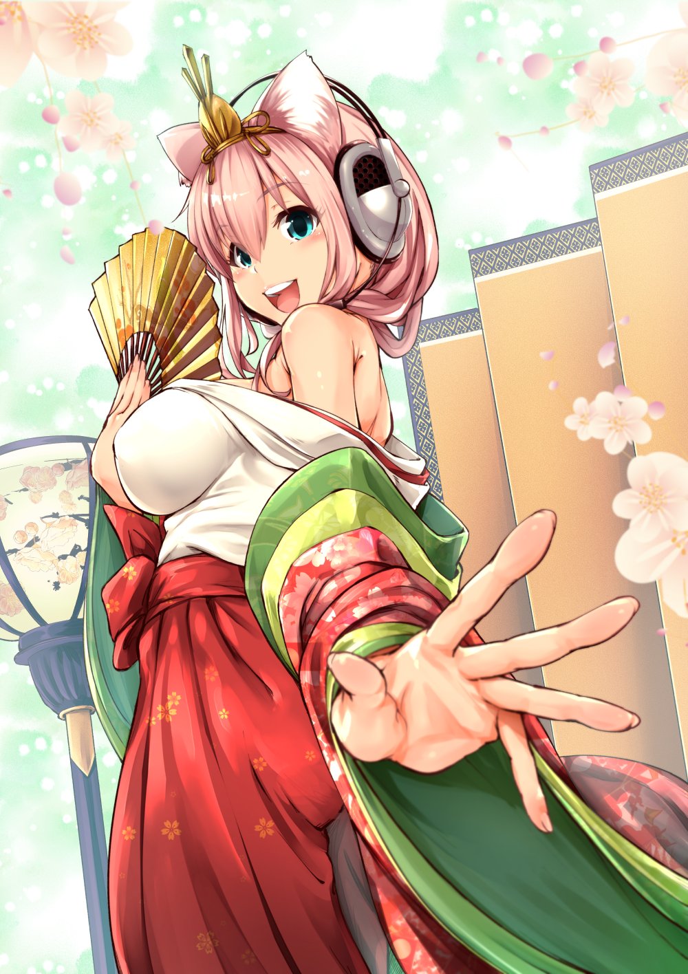 1girl animal_ears blush breasts cat_ears fan ganari_ryuu green_eyes headphones headset highres japanese_clothes kimono large_breasts long_hair looking_at_viewer looking_back off_shoulder open_mouth original pink_hair smile solo super_tama_musume tamatoys