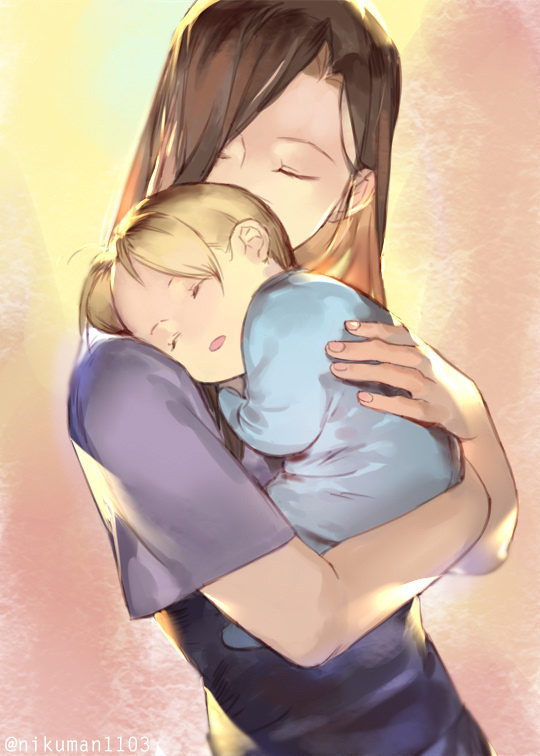 1boy 1girl baby back bangs bare_arms blonde_hair brown_hair carrying closed_eyes covered_mouth edward_elric eyelashes fingernails from_side fullmetal_alchemist hand_on_another's_back head_on_shoulder holy_pumpkin long_hair mother_and_son number parted_bangs short_sleeves sleeping trisha_elric twitter_username upper_body younger