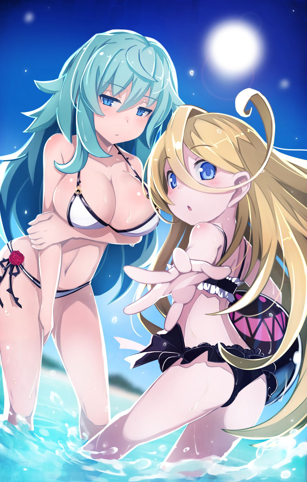 2girls :o ahoge aqua_hair ass ball beachball bikini blonde_hair blue_eyes blush breasts carrying_under_arm cleavage dutch_angle eyebrows_visible_through_hair hand_on_thigh highres large_breasts leaning_forward long_hair looking_at_viewer looking_back mary_skelter multiple_girls nanameda_kei official_art outdoors outstretched_arm outstretched_hand parted_lips rapunzel_(mary_skelter) sleeping_beauty_(mary_skelter) slit_pupils sun swimsuit water wet