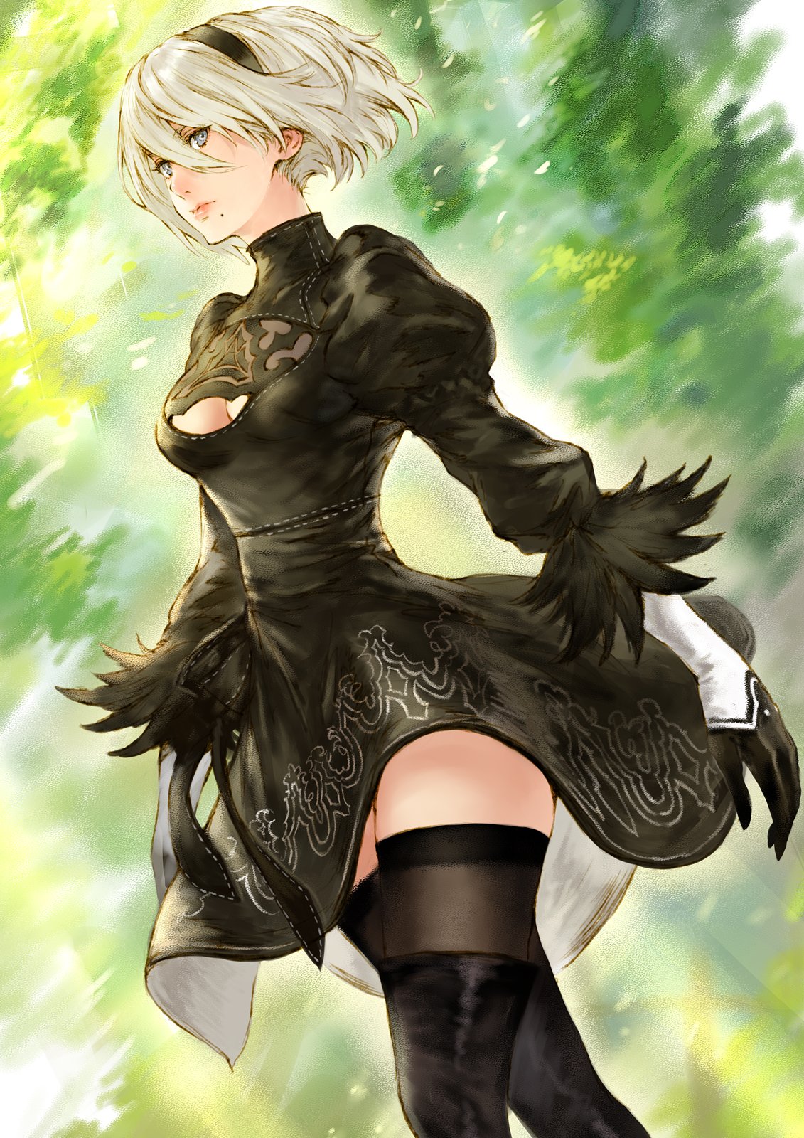 1girl blue_eyes boots cleavage_cutout hairband highres makimura_shunsuke mole mole_under_mouth nier_(series) nier_automata silver_hair skirt solo thigh-highs thigh_boots yorha_no._2_type_b