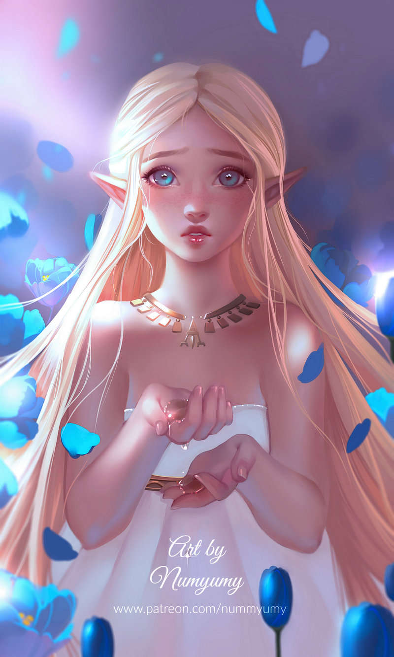 1girl bangs bare_shoulders blonde_hair blue_eyes cupping_hands dress forehead freckles highres jewelry lips long_hair looking_at_viewer necklace nose numyumy parted_bangs petals pointy_ears princess_zelda sidelocks solo strapless strapless_dress the_legend_of_zelda the_legend_of_zelda:_breath_of_the_wild thick_eyebrows very_long_hair water white_dress