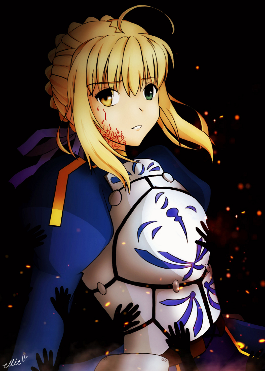 1girl ahoge armor armored_dress corruption embers fate/stay_night fate_(series) green_eyes highres saber solo yellow_eyes