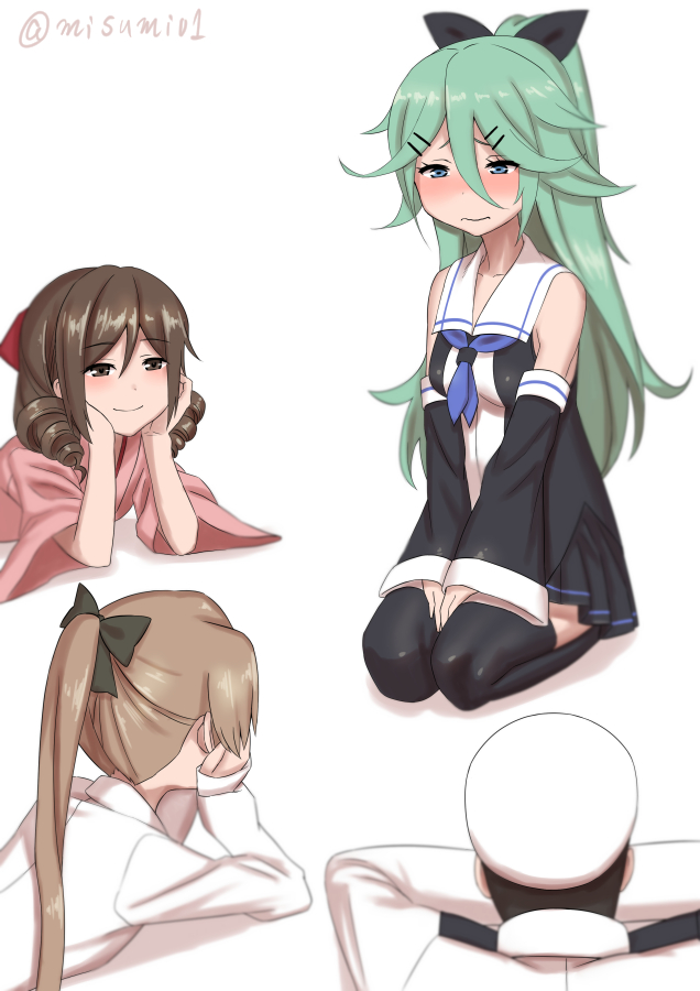 1boy 3girls admiral_(kantai_collection) akigumo_(kantai_collection) black_legwear black_ribbon blue_neckerchief blush brown_hair detached_sleeves drill_hair green_hair hair_between_eyes hair_ornament hair_ribbon hairclip hakama hands_on_own_face harukaze_(kantai_collection) hat japanese_clothes kantai_collection long_hair lying meiji_schoolgirl_uniform military military_uniform misumi_(niku-kyu) multiple_girls naval_uniform neckerchief on_stomach peaked_cap ponytail red_eyes ribbon school_uniform seiza sitting smile solo_focus thigh-highs twin_drills uniform white_hat yamakaze_(kantai_collection)