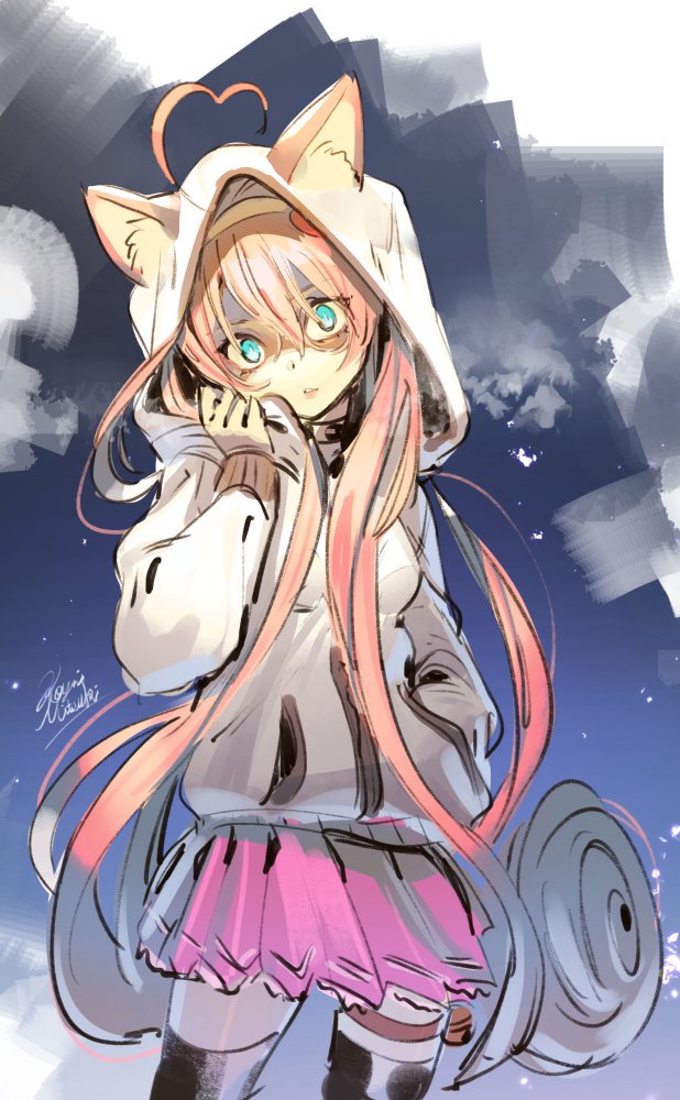1girl animal_ears animal_hood artist_name bangs black_legwear cat_ears cat_girl cat_hood glaring hair_between_eyes hand_in_pocket hood hoodie koyoi_mitsuki long_hair looking_at_viewer parted_lips pink_skirt pleated_skirt rosia_(show_by_rock!!) shaded_face show_by_rock!! signature sketch skirt solo standing thigh-highs very_long_hair zettai_ryouiki