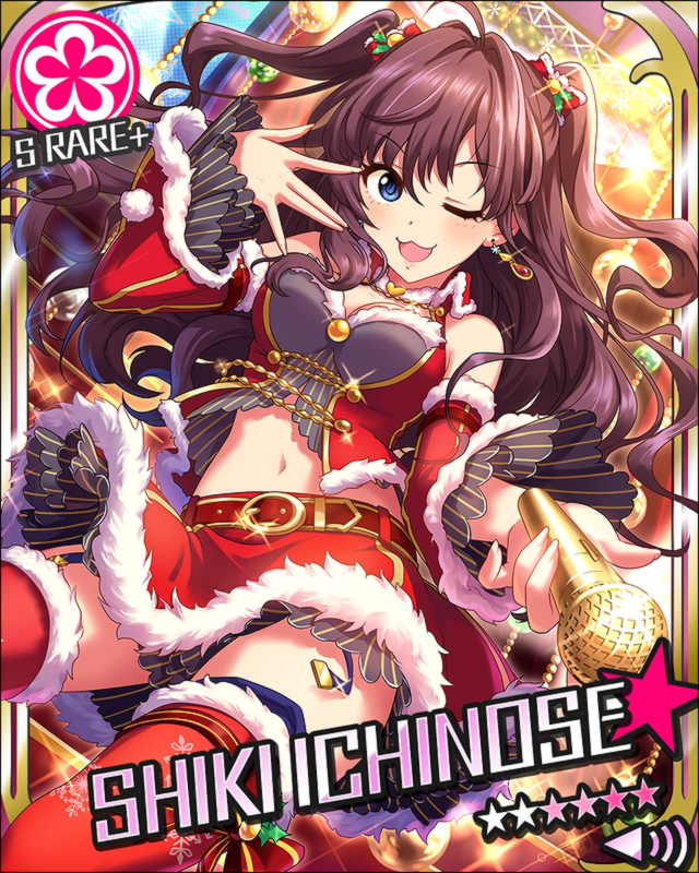 1girl :3 artist_request bangs blue_eyes boots bow breasts brown_hair card_(medium) character_name christmas curly_hair detached_sleeves earrings flower_(symbol) fur_trim garter_straps hair_bow holding ichinose_shiki idolmaster idolmaster_cinderella_girls jewelry looking_at_viewer microphone navel official_art one_eye_closed skirt smile solo thigh-highs thigh_boots two_side_up