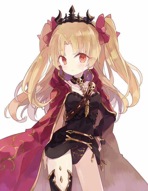 1girl bangs between_breasts black_dress black_legwear black_leotard blush bow breasts cloak closed_mouth dress ereshkigal_(fate/grand_order) eyebrows_visible_through_hair frown hair_bow hand_on_hip hood hooded_cloak leotard long_hair looking_at_viewer parted_bangs phoenix0 pink_bow short_dress simple_background single_thighhigh skull small_breasts solo standing strap_cleavage sweatdrop thigh-highs tohsaka_rin two_side_up white_background