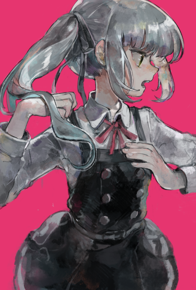 1girl arm_up bangs belt black_dress black_ribbon blunt_bangs buttons collared_shirt contrast dress faux_traditional_media green_eyes hair_ribbon hand_on_own_chest kantai_collection kasumi_(kantai_collection) long_hair looking_to_the_side magenta_background neck_ribbon open_mouth pinafore_dress pink_ribbon ribbon saba_(asoi) shirt side_ponytail sidelocks silver_hair simple_background sleeveless sleeveless_dress solo teeth upper_body