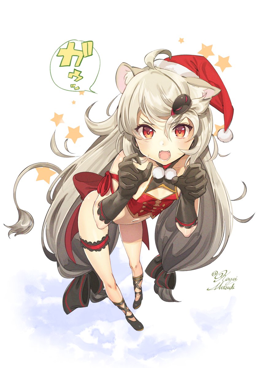 1girl ahoge aireen_(show_by_rock!!) alternate_costume animal_ears artist_name black_gloves black_shoes cat_ears cat_tail commentary contrapposto fangs frills gao gloves grey_hair hair_ornament hat highres koyoi_mitsuki lion_ears lion_tail long_hair looking_at_viewer midriff navel open_mouth paw_pose santa_costume santa_hat shoes show_by_rock!! signature solo speech_bubble star starry_background tail teeth thigh_strap white_background