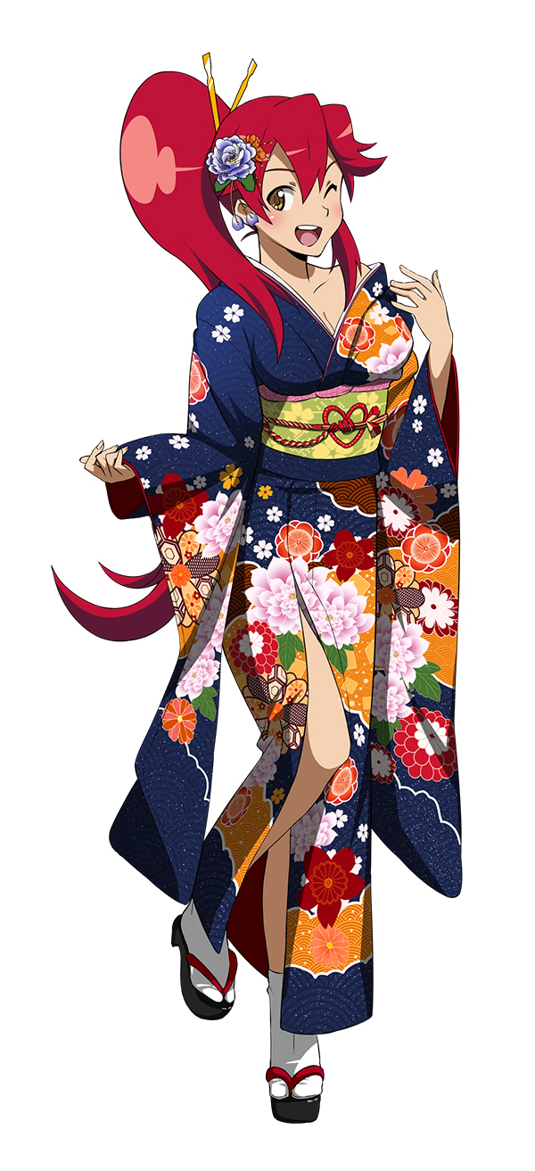 1girl floral_print flower full_body furisode hair_flower hair_ornament hairpin high_ponytail highres japanese_clothes kimono long_hair long_sleeves looking_at_viewer obi off_shoulder official_art open_mouth platform_footwear sandals sash simple_background solo tabi tengen_toppa_gurren_lagann very_long_hair white_background wide_sleeves yellow_eyes yoko_littner