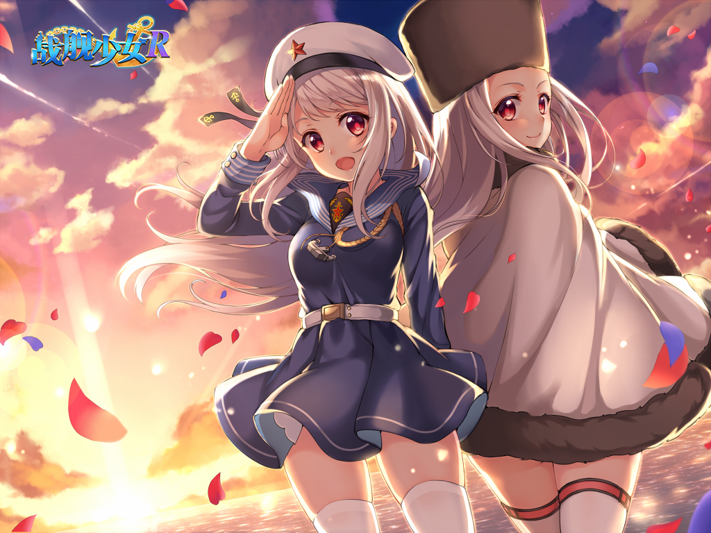 2girls aiguillette anchor belt beret black_hat blush breasts cape changchun_(zhan_jian_shao_nyu) closed_mouth clouds cloudy_sky copyright_name dress dutch_angle eyebrows_visible_through_hair fur_trim hasu_(velicia) hat lens_flare long_hair long_sleeves looking_at_viewer looking_back multiple_girls ocean official_art open_mouth outdoors petals pleated_dress red_eyes reshitelny_(zhan_jian_shao_nyu) russian_clothes sailor_collar sailor_dress salute sky smile standing text thigh-highs water watermark white_cape white_hair white_hat white_legwear zhan_jian_shao_nyu