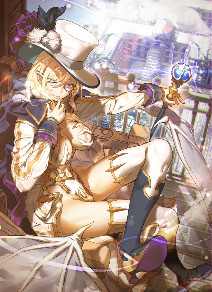 1girl black_boots blonde_hair boots breasts cleavage closed_mouth demon_wings fantasy from_side gloves hair_over_one_eye hand_up hat holding holding_staff knee_boots koyoi_mitsuki legs_crossed leotard long_hair looking_at_viewer medium_breasts original outdoors pointy_ears sitting smile solo staff thighs top_hat violet_eyes white_gloves white_leotard wings