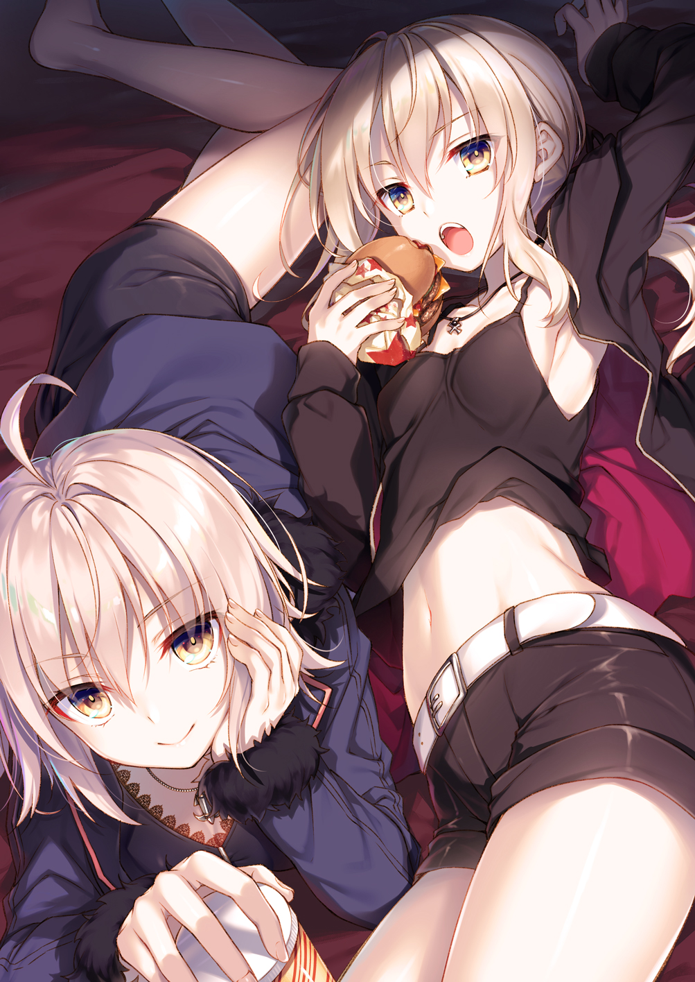 2girls ahoge armpits bangs belt black_shorts blonde_hair breasts camisole commentary_request cup eating fate_(series) food hamburger head_rest highres jacket jeanne_alter jewelry long_hair long_sleeves looking_at_viewer lying midriff mug multiple_girls navel necklace on_stomach open_mouth ruler_(fate/apocrypha) saber saber_alter shorts small_breasts smile toosaka_asagi yellow_eyes