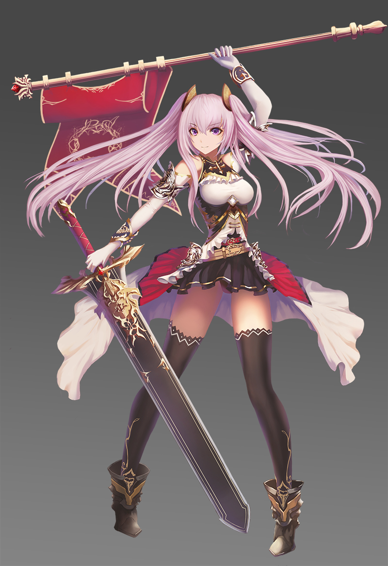 1girl arm_above_head armlet belt black_boots black_legwear black_skirt boots bracelet elbow_gloves flag full_body gloves grey_background h2o_(dfo) jewelry long_hair looking_at_viewer original pink_hair skirt solo standing sword thigh-highs violet_eyes weapon white_gloves