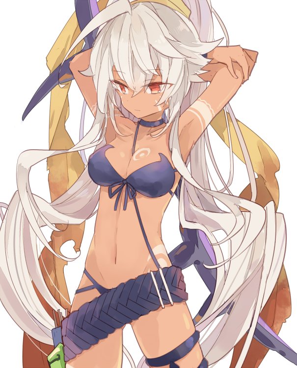 1girl albino armpits arms_behind_head arms_up bangs beltskirt bikini blue_bikini breasts cleavage closed_mouth cowboy_shot dark_skin eyebrows_visible_through_hair grey_hair hair_between_eyes legs_apart long_hair looking_to_the_side medium_breasts merc_storia phoenix0 red_eyes revealing_clothes simple_background solo swimsuit very_long_hair white_background