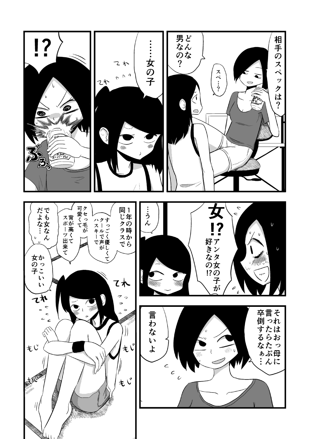 !? 2girls alcohol beer beer_can blush can casual chair collarbone comic coming_out drinking flying_sweatdrops greyscale highres leg_hug long_hair looking_away mochi_au_lait monochrome multiple_girls one_side_up original shirt shorts siblings sisters spit_take spitting spoken_interrobang sweat t-shirt tank_top translated wristband