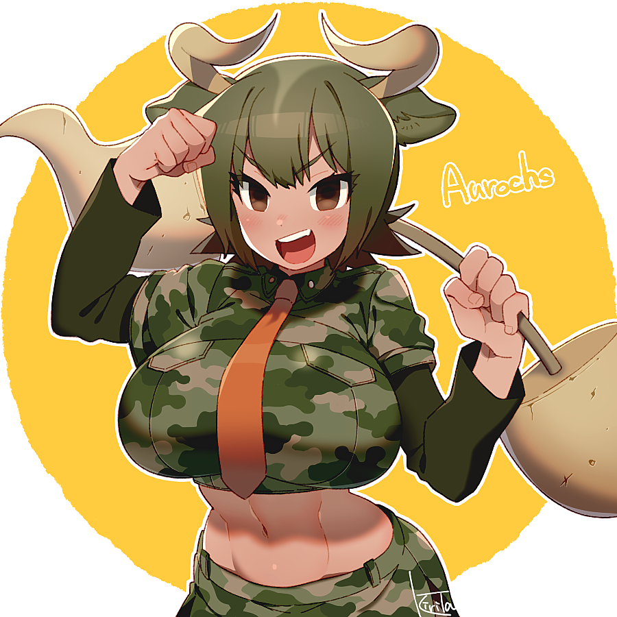 &gt;:d 1girl :d abs animal_ears arm_up aurochs_(kemono_friends) bangs blush breasts brown_eyes camouflage camouflage_shirt camouflage_skirt character_name circle clenched_hand collared_shirt cow_ears cow_girl cow_horns dark_skin dumbbell eyebrows_visible_through_hair eyelashes gradient_hair green_hair green_shirt groin holding horns kemono_friends kiri_futoshi large_breasts layered_clothing leaning_forward midriff multicolored_hair navel necktie nose_blush open_mouth orange_necktie outline sharp_teeth shirt signature skirt smile solo spiky_hair taut_clothes taut_shirt teeth toned tsurime undershirt upper_body weapon white_background